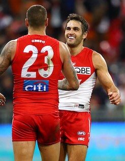 AFL 2017 Round 17 - GWS Giants v Sydney SYDNEY, AUSTRALIA - JULY 15: Josh Kennedy of the Swans and team mate Lance Franklin of the Swans celebrate winning the round 17 AFL match between the Greater Western Sydney Giants and the Sydney Swans at Spotless Stadium on July 15, 2017 in Sydney, Australia. (Photo by Cameron Spencer/AFL Media)